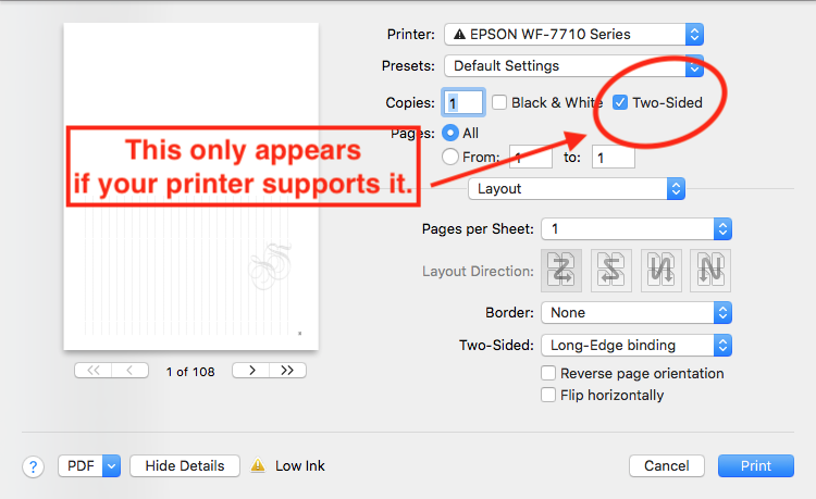 Print Settings Dialog - Two-sided option only appears when printer supports it.
